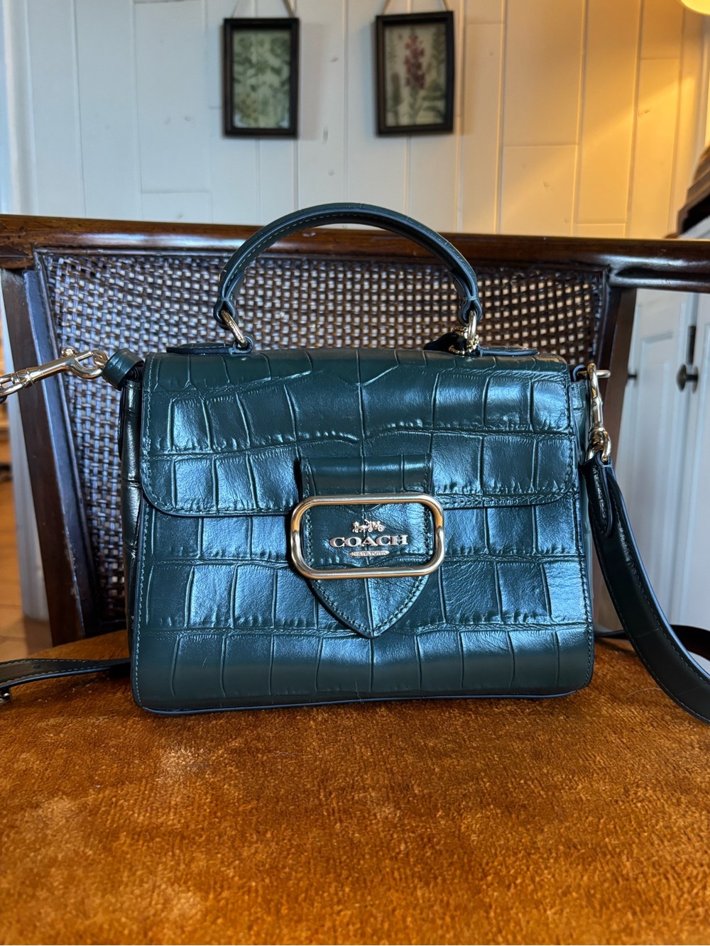 Coach Morgan Top Handle Satchel Croc Embossed Leather Green Crossbody Bag - Picture 2 of 16